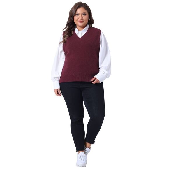Plus Size V Neck Striped Knit Casual Pullover Sweater Vests Burgundy - Picture 3 of 6